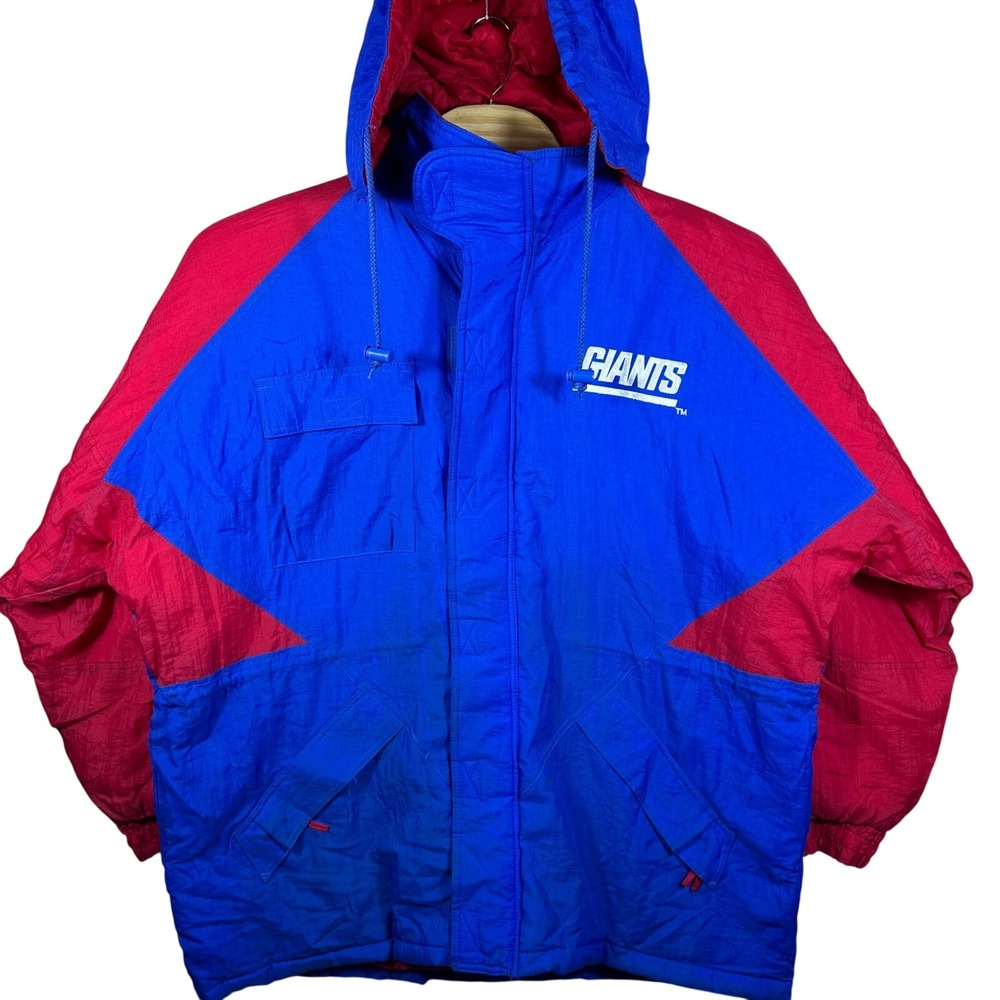 VINTAGE 90s Logo 7 New York Giants Parka Jacket Mens XL Blue Hooded Puffer Ski